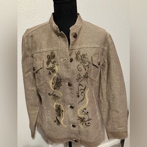 Denim Jacket Metallic Gold Embroidered Fully Lined - Chicos 2(L) - 4 pockets